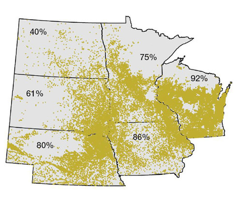 Map of Dakota, Nebraska, Minnesota, Iowa, and Wisconsin. Areas all across each state highlighted.