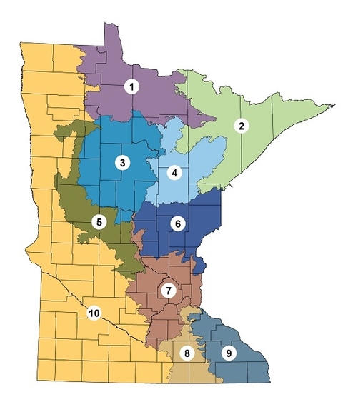 Map of Minnesota divided into 10 areas. The area described in this article covers all or parts of Anoka, Benton, Blue Earth, Carver, Cass, Chisago, Crow Wing, Dakota, Hennepin, Isanti, Le Sueur, McLeod, Meeker, Mille Lacs, Morrison, Nicollet, Ramsey, Rice, Scott, Sherburne, Sibley, Stearns, Waseca, Washington, and Wright counties.