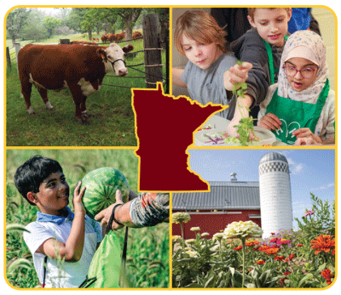 Collage showing a cow, three children preparing food together, a boy holding a watermelon in the field and a flower garden with a silo in the background, with an outline of Minnesota in the center.