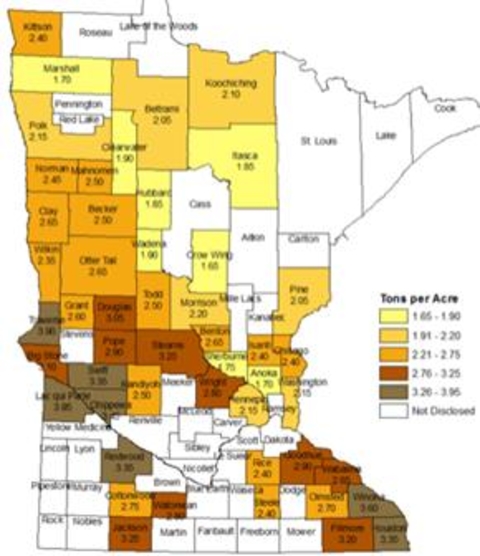 Map of Minnesota showing forage production yields by county. greatest yields are in southeast and west-central Minnesota