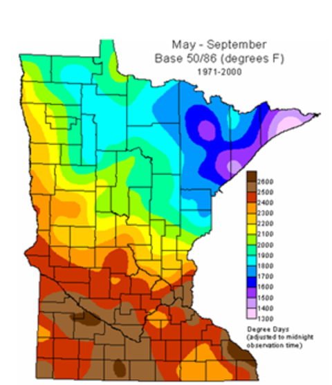Map of Minnesota with the most GDD accumulation in southwest MN and southeast corner, and the least in the arrowhead region.