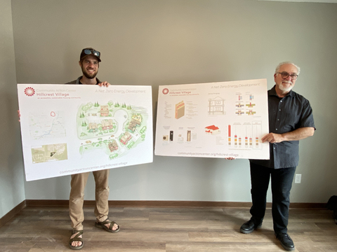 Scott Wopata and Brian Nowak hold design plans for the Hillcrest community