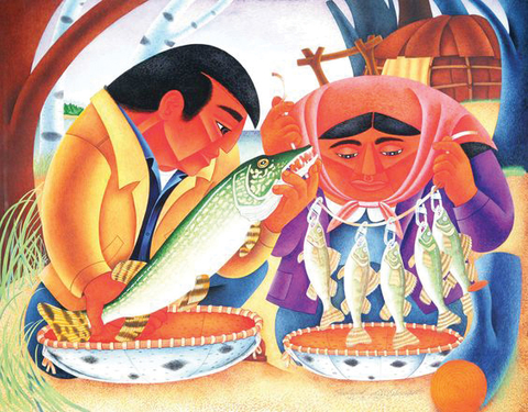 Illustration of Ojibwe legend about fishing