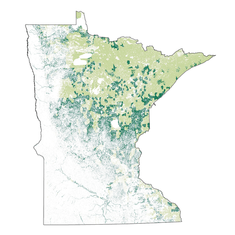 Map of Minnesota woodland ownership indicated by family forest owners (dark green), other ownerships (light green), and non-woodlands (white).