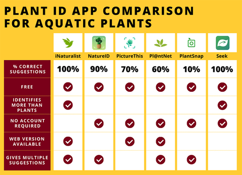 Chart comparing six plant ID apps: i-Naturalist, Nature ID, Picture This, Plant Net, Plant Snap, and Seek. Visual representation of article text.
