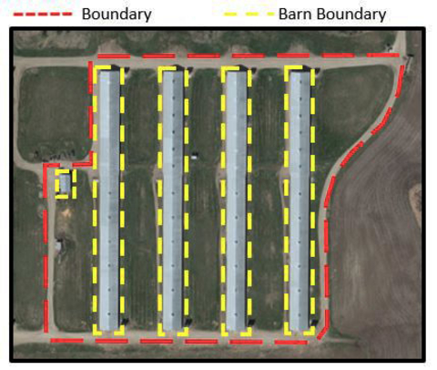 aerial photo with boundaries drawn around property and barns
