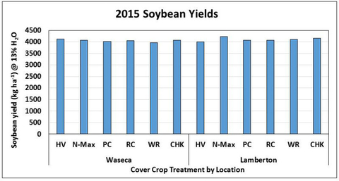 bar chart showing similar soybean yields across locations and type of cover crop