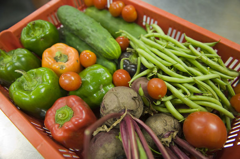 Fresh vegetables in red tray.