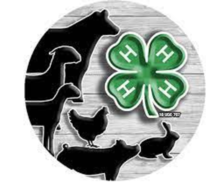 Silhouettes of a cow, sheep, goat, chicken, pig, and rabbit next to a large green 4-H clover emblem.