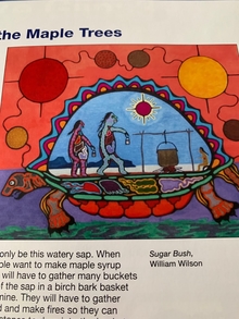 An illustration of Sugar Bush, a large turtle image with people inside its shell, tending a campfire. 