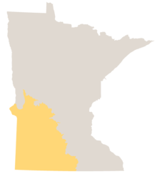Map of Minnesota in gray with a vast swath of southwestern Minnesota colored light yellow.