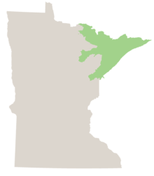 Map of Minnesota in gray with the north-eastern tip woodland area known as the arrowhead colored in light green.