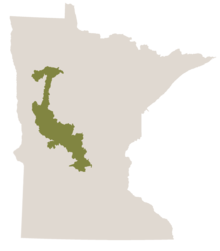 Map of Minnesota in gray with the western Harwood Hills woodland area colored in khaki green.