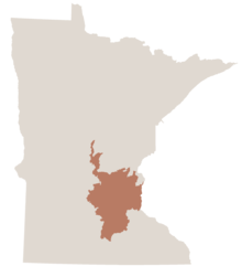 Map of Minnesota in gray with the greater Twin Cities metro area colored in brown.