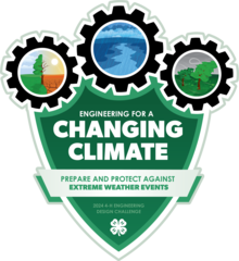 2024 4-H Engineering Design Challenge logo that includes three gears that show different weather related extremes: Drought, flooding and wind. The logo also has the words, "Engineering for a changing climate: Prepare and protect against extreme weather events.