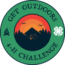Get outdoors 4-H challenge logo - a graphic of a camping scene with the 4-H clover