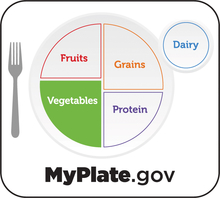 Plate divided into vegetables, fruits, grains, protein and dairy with vegetable highlighted. 