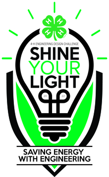 Drawing of a lightbulb with a 4-H clover logo and the words "4-H Engineering Design Challenge: Shine your light, saving energy with engineering. 2022."
