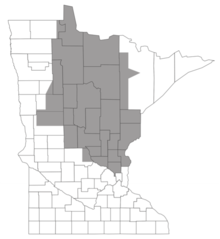 Map of Minnesota with counties outlined. The from top, center area (excluding the arrowhead) down to the middle of the state is shaded in gray.