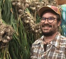 A smiling man in glasses and a baseball cap in front of freshly picked garlic bulbs.