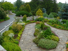 Long shot of a fenced in area surrounded by a planting of many kinds of flowers and green-leafed plants, and a center planting edged in brick with a tan and gray flagstone walkway.