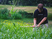 A person is swinging a double-bladed weed cutter in a sudex patch, with mustard in the background.