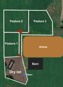 Aerial of divided pasture area on horse farm.