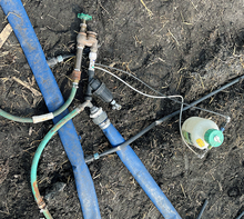 Hoses from thick to very thin connected to a water valve and small container.