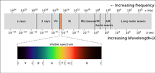 A diagram of the entire light spectrum from y rays on the left to long radio waves on the right. The visible light spectrum is expanded below to show the range of colors.