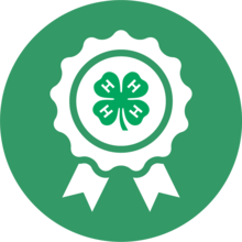 A green circle with a white outline of a champion ribbon that has the green 4-H clover emblem in the center.