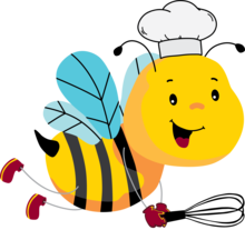 A bumblebee wearing a chef hat holding a whisk