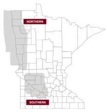 Map of Minnesota with areas along the northwestern to mid-western border and an area in the south central to western region shaded in gray to indicate sugarbeet growing areas.