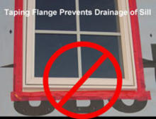 Taping flange prevent drainage of sill.