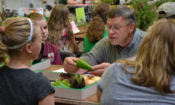 An adult judge discussing a box of vegetables with a group of youth.