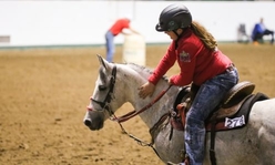 A girl wearing a helmet while riding a horse in a show ring.