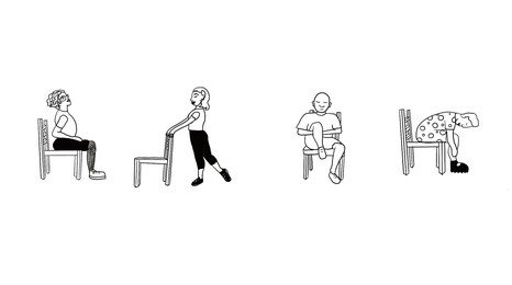 Illustrations of four people practicing balance and flexibility using chairs and yoga poses.