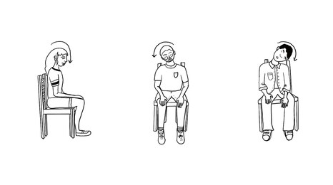 Illustrations of three people sitting on chairs demonstrating head and neck exercises. 