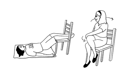 An illustration of one person laying on a mat on the ground with their legs resting on a chair. Another person sits cross legged and twists their body to the right.