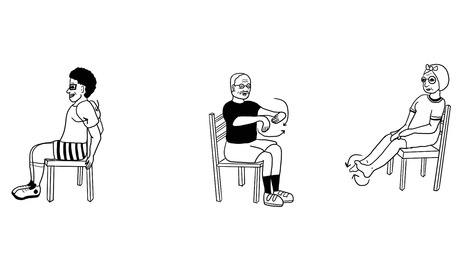 Illustrations of three people sitting on chairs rotating their arms and legs. 