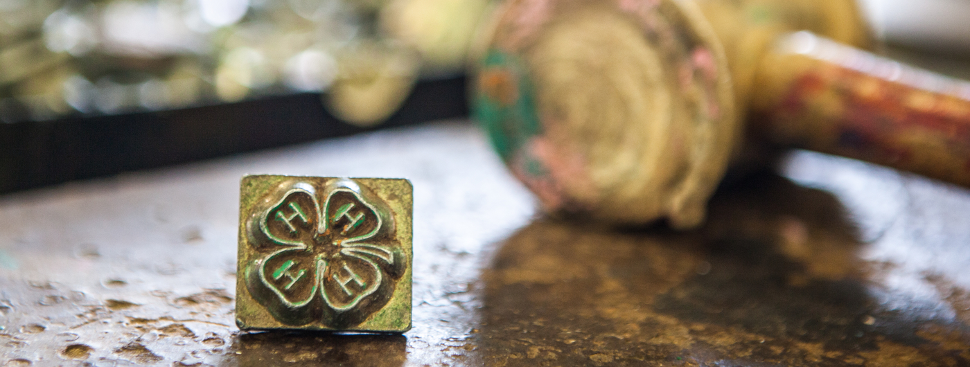 gavel on a table and a metal 4-H clover that looks like a typesetting block