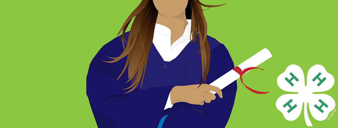 Illustration of woman wearing a cap and gown and holding a diploma with a 4-H logo in the corner.