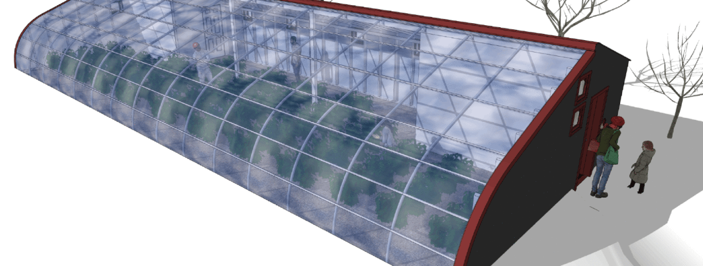 Architectural drawing of a farm scale winter greenhouse