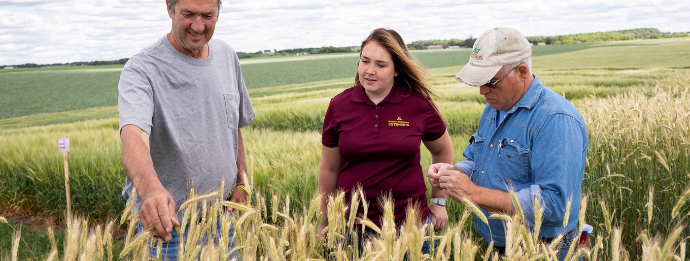 Student wearing maroon shirt stands between two farmers in a wheat field