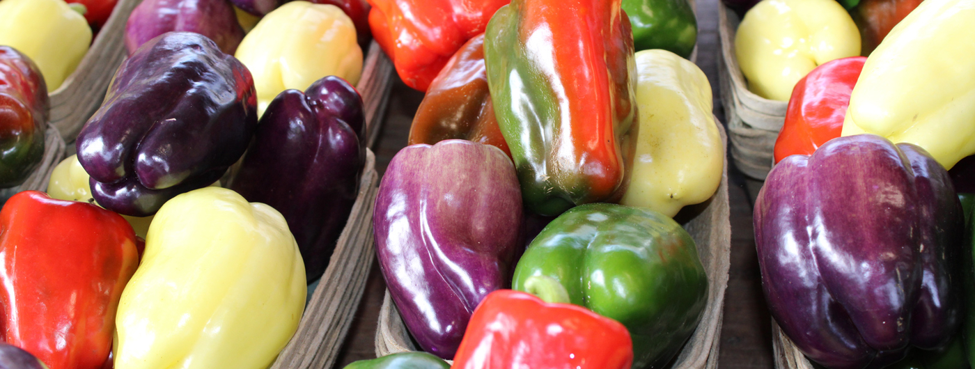 Red, purple, yellow and green bell peppers ready for sale at a farmers market.