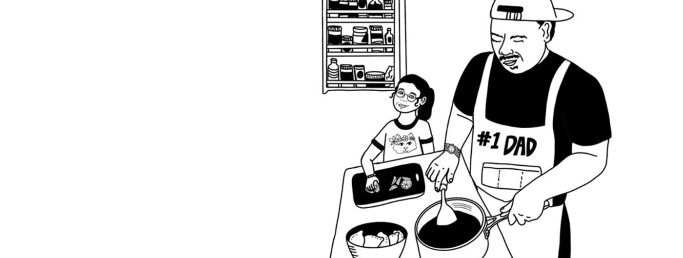 Illustration of a dad cooking with his daughter.