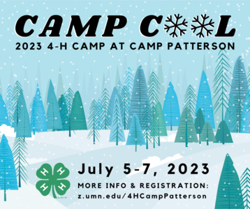 image of pine trees in winter with 4-H camp cool dates: July 5-7, 2023