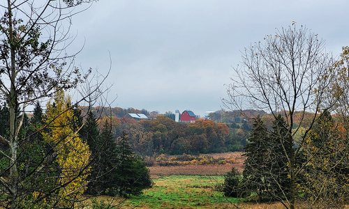 Red barn in the distance of a fall landscape.