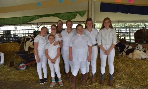 8 people standing in a cow barn.