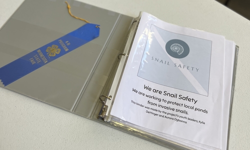 A binder with a blue ribbon. The binder is titled, "Snail Safety: We are snail safety"