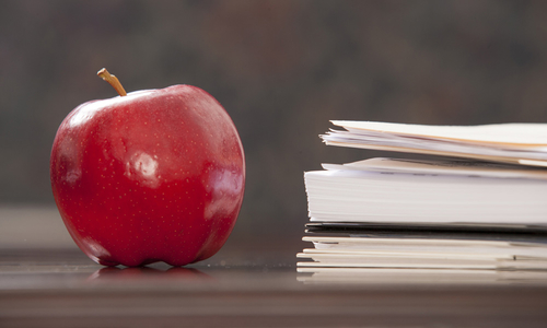 An apple near a stack of meeting paperwork.